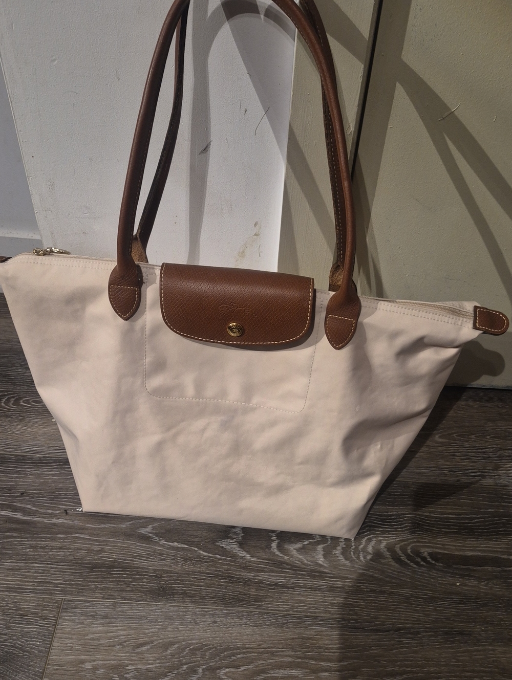 Longchamp Beige Canvas Large Tote with Brown Leather Trim Need More Clean